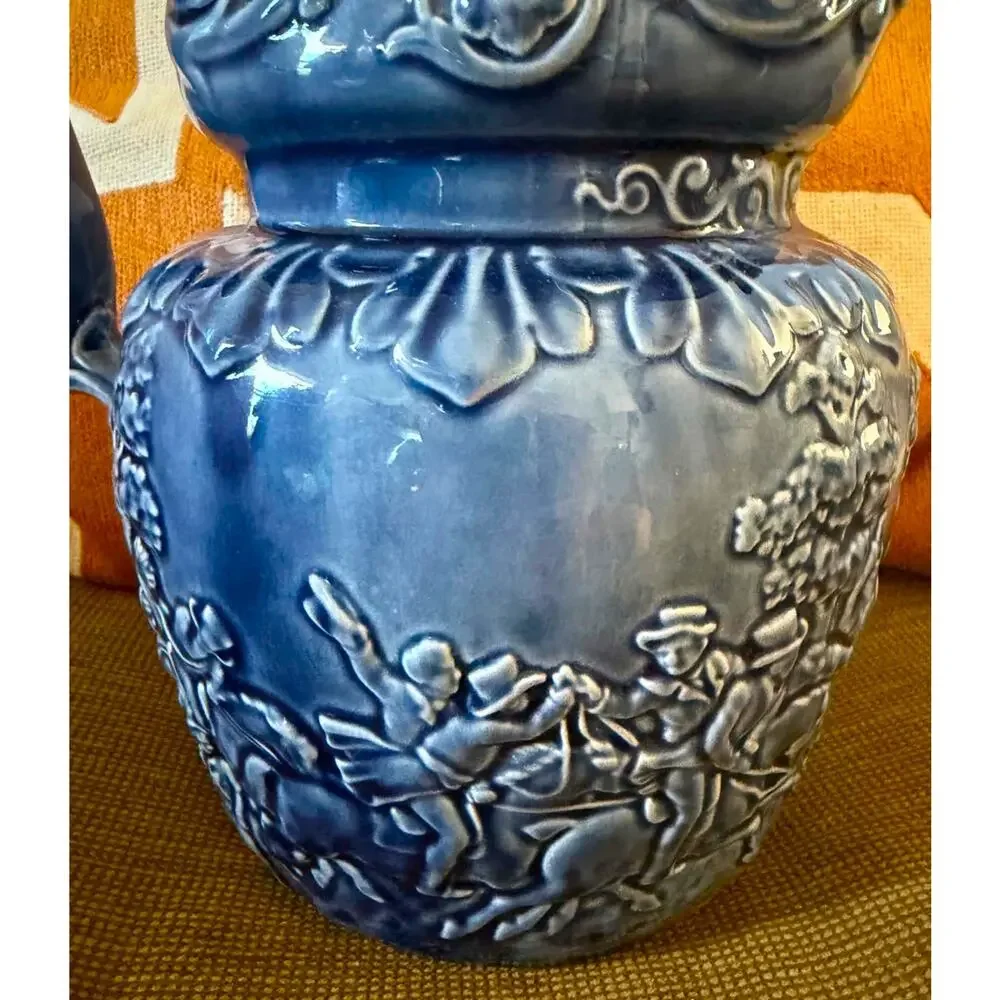 Arthur Wood England Vintage Blue Embossed Ceramic Pitcher Figural Handle 10